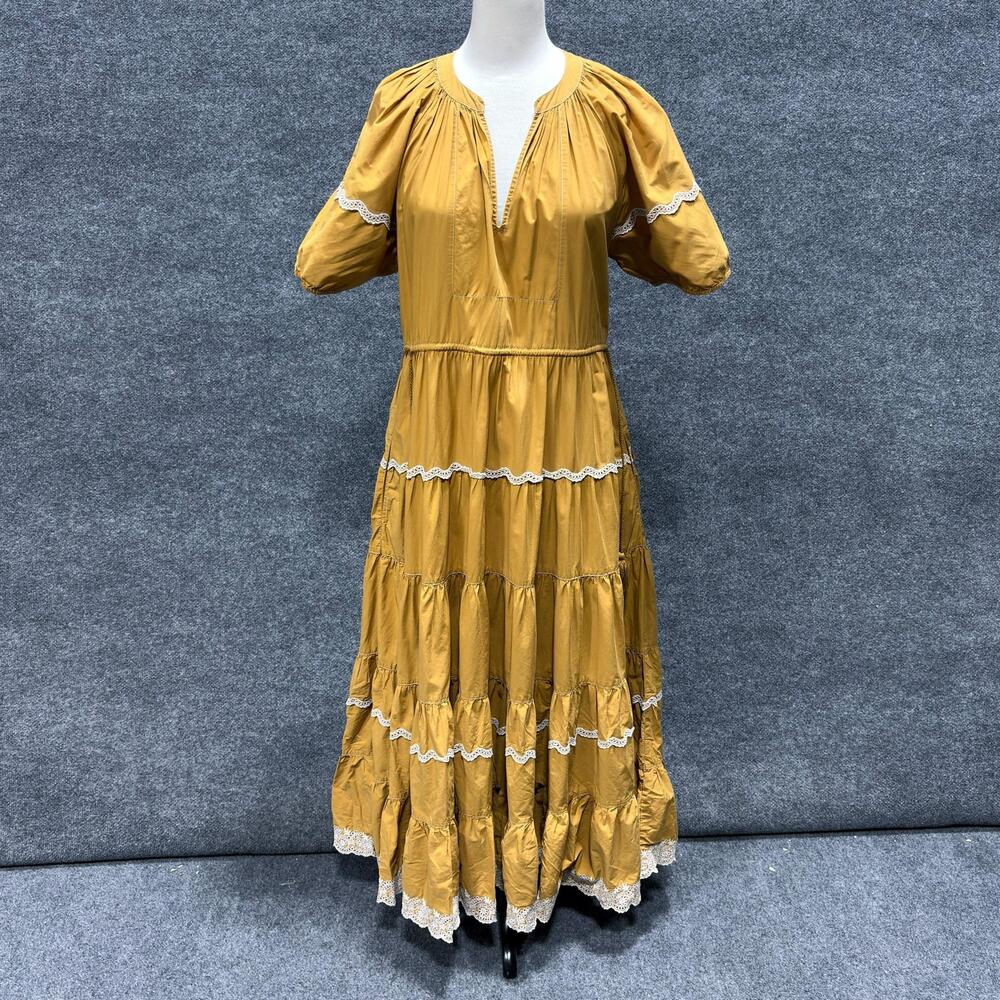 Ulla Johnson Dress Womens Medium Yellow Claribel Tiered Maxi Puff Sleeve Boho
